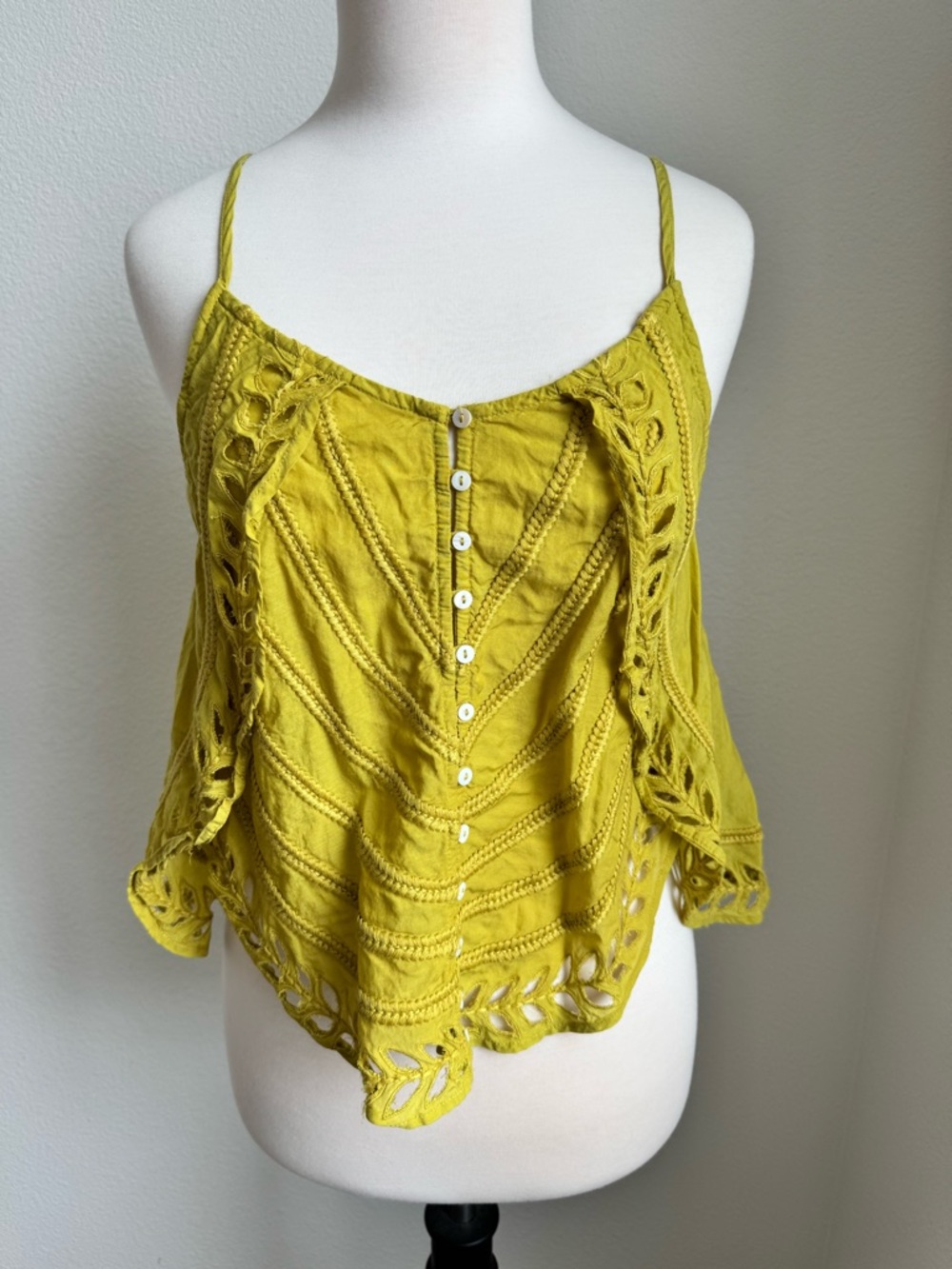 Free People Mustard Crochet-Trim Spaghetti Strap Cami